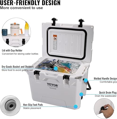 Miniatura 6 de VEVOR Enfriador duro portátil aislado y rotomoldeado, 25334565 cuartos de galón, enfriador de retención de hielo con mango resistente, lonchera para