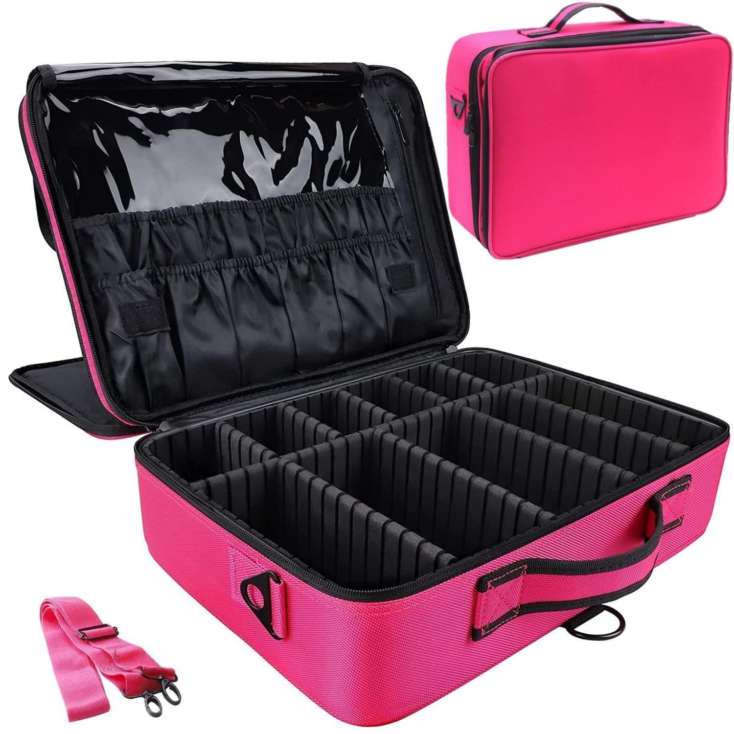 Portable Cosmetic Organizer with Shoulder Straps Multi Functional Cosmetic Bag Makeup Handbag for Travel & Gift (Pink) 40x28x12 cm