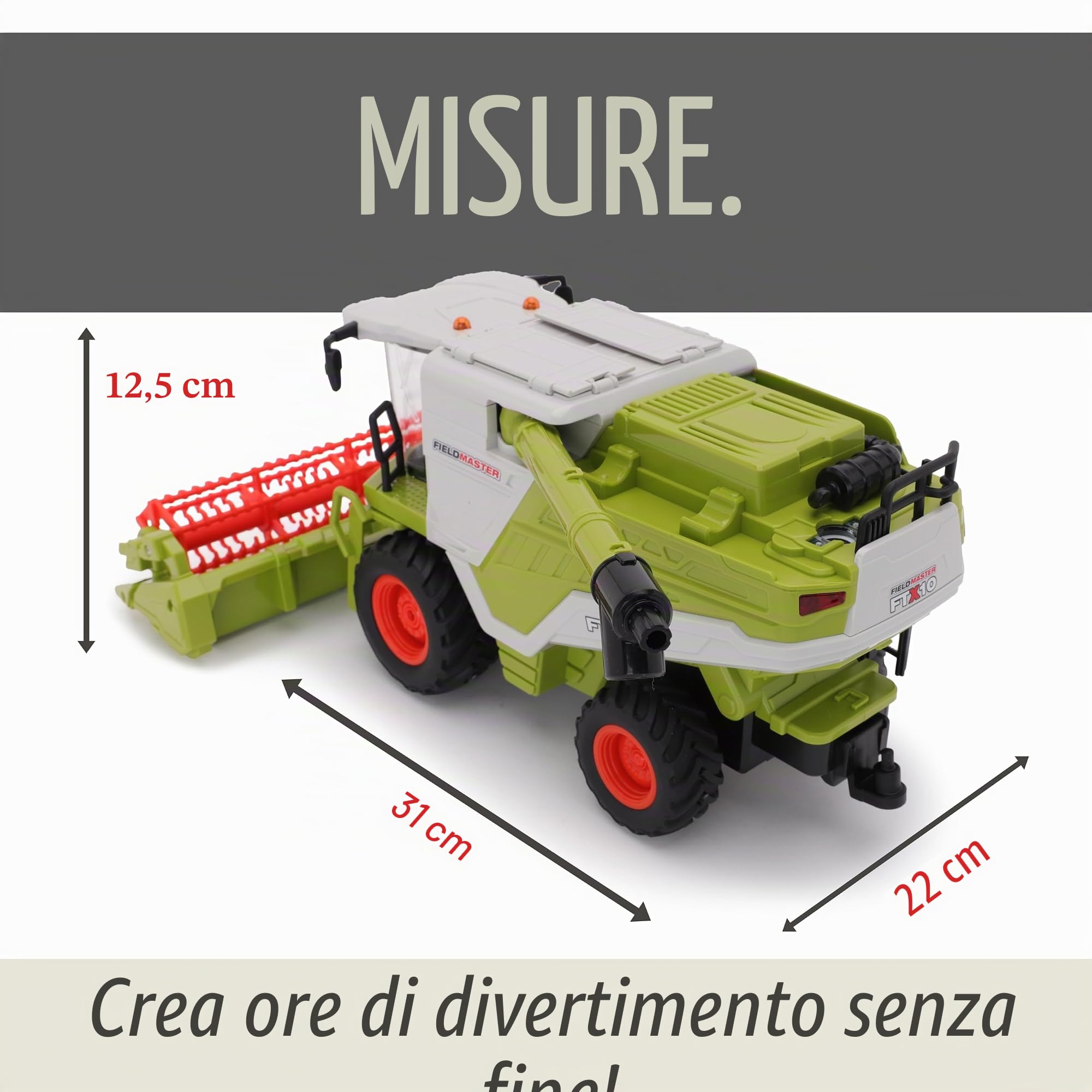 Toyland® 31cm (12") Mietitrebbia telecomandata con luci, suoni ed effetto fumo - 2 accessori per la raccolta inclusi - Giocattoli agricoli - Scala 1:24
