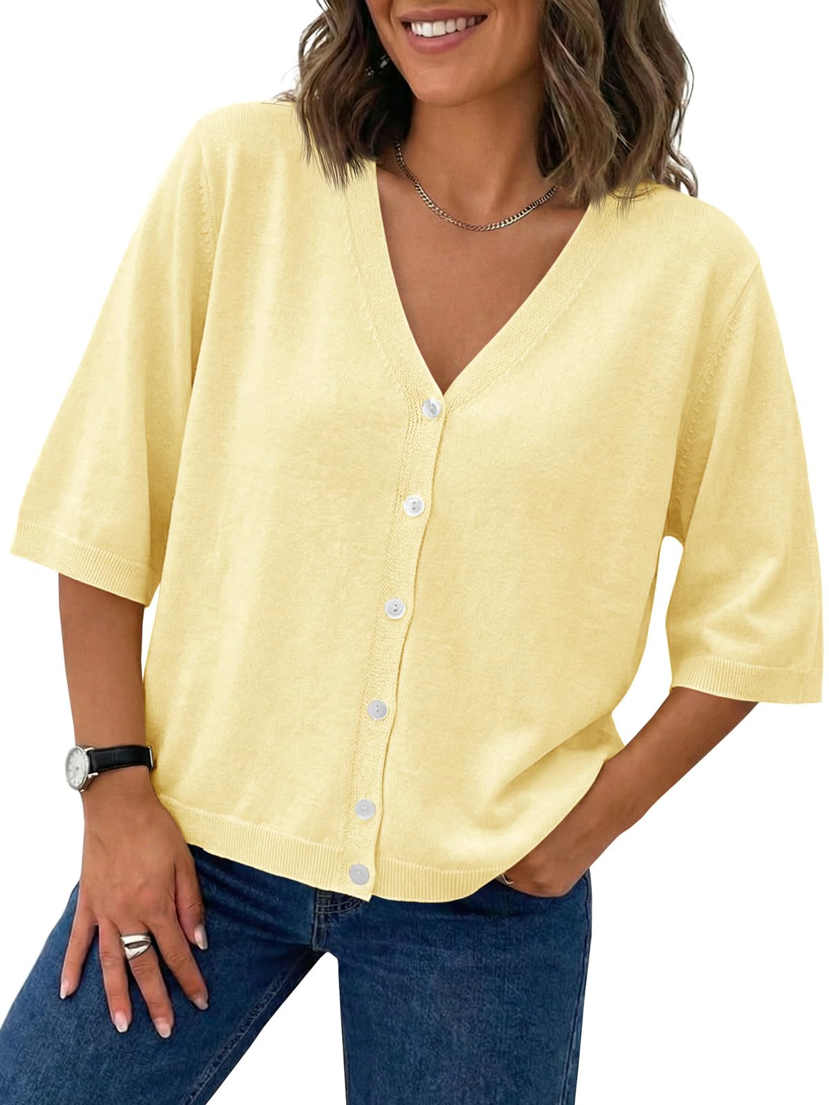 Womens Half Short Sleeve Cardigans Summer Lightweight Knit V Neck Button Down Casual Sweater Tops-image-9