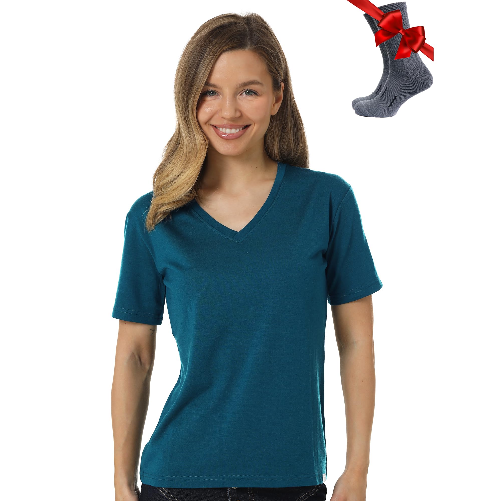 Merino Wool T Shirt Women - 100% Merino Wool Base Layer Women Short Sleeve Moisture-Wicking Tee and Hiking Socks