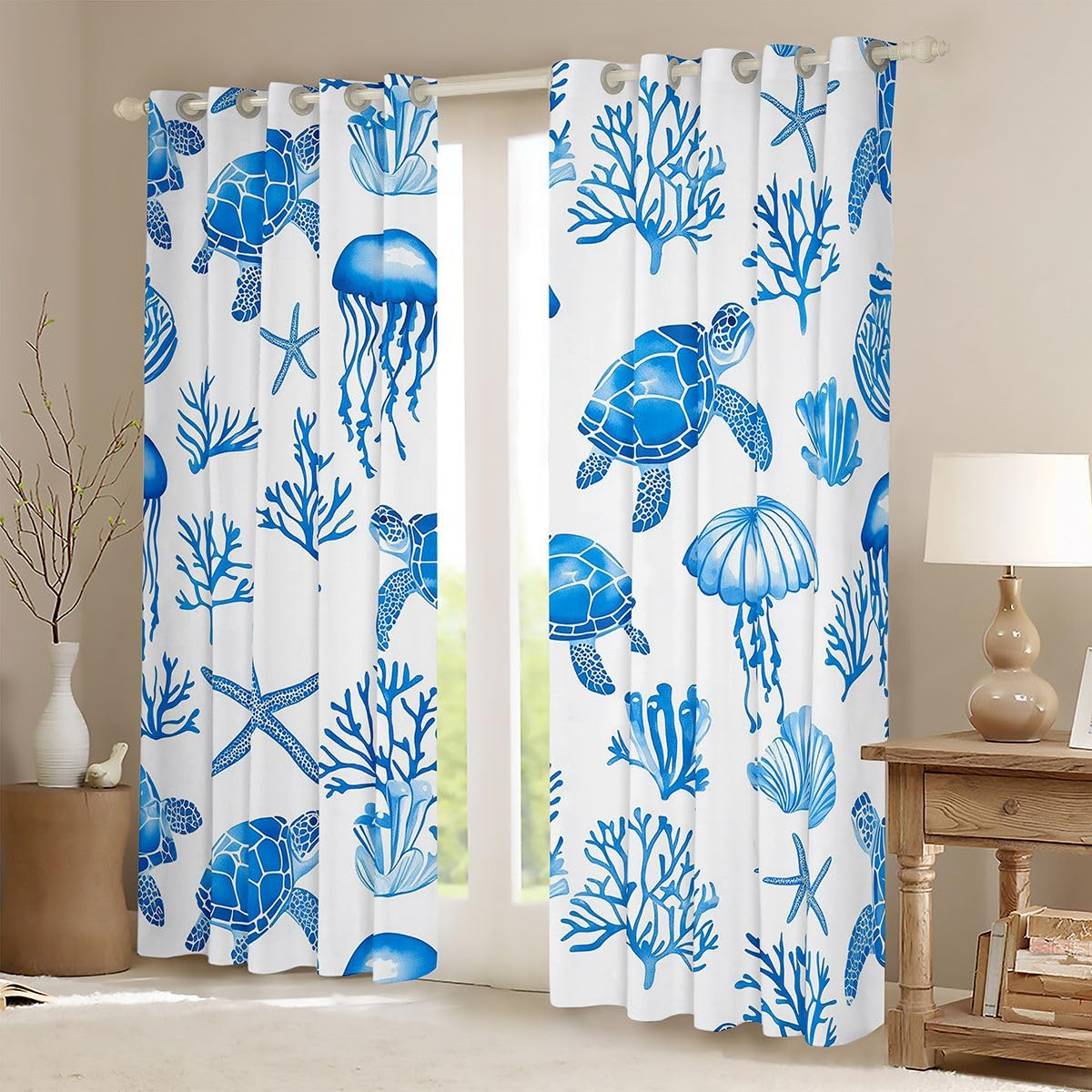 Homemissing Tende oscuranti per camera da letto e soggiorno, motivo: tartarughe marine, marine, spiaggia, stelle marine, tende oscuranti per finestre, 2 pannelli, 116 x 182 cm, decorazione per la