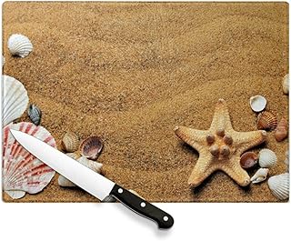 Planche à Découper en Verre Trempé - Coquillage Etoile de Mer Sable Plage Mer Vacances - Protection Plan de Travail et Dessous Plat Résistant Chaleur 2 Tailles Imprimé en France