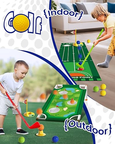 Miniatura 7 de KINGTOP Juego de golf para niños pequeños con tapete de putting y tabla de cornhole, palos de golf para niños de 3 a 5 años con 10 pelotas, 4 palos,