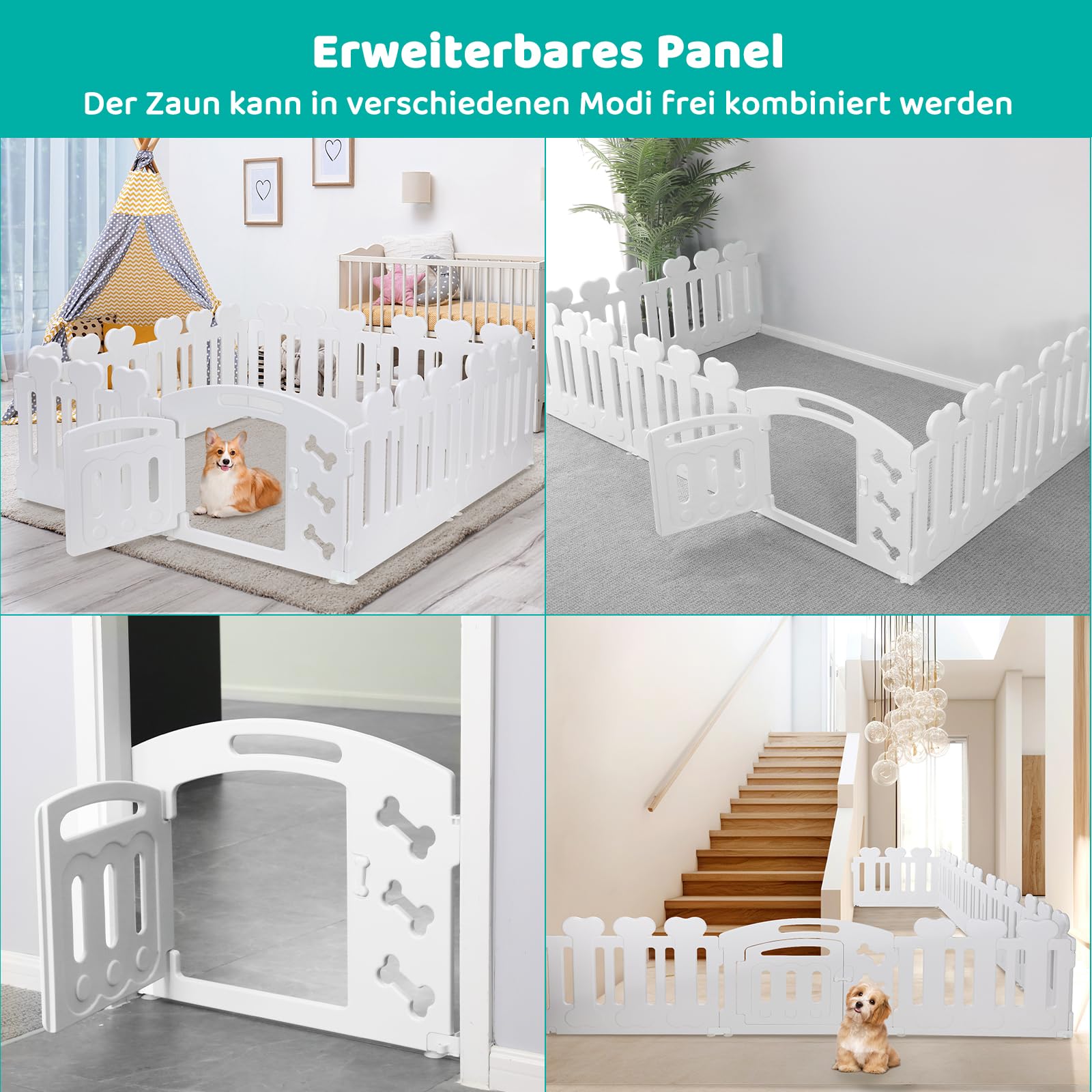 Recinto per Cani da Interno Esterno alto 60cm, Box per Cani 7+1 Pannelli, Recinzione per Cani Pieghevole, Recinto per Gatti in Plastica con Cancello, Incluse Ventose e Ancoraggi a Terra, Bianco