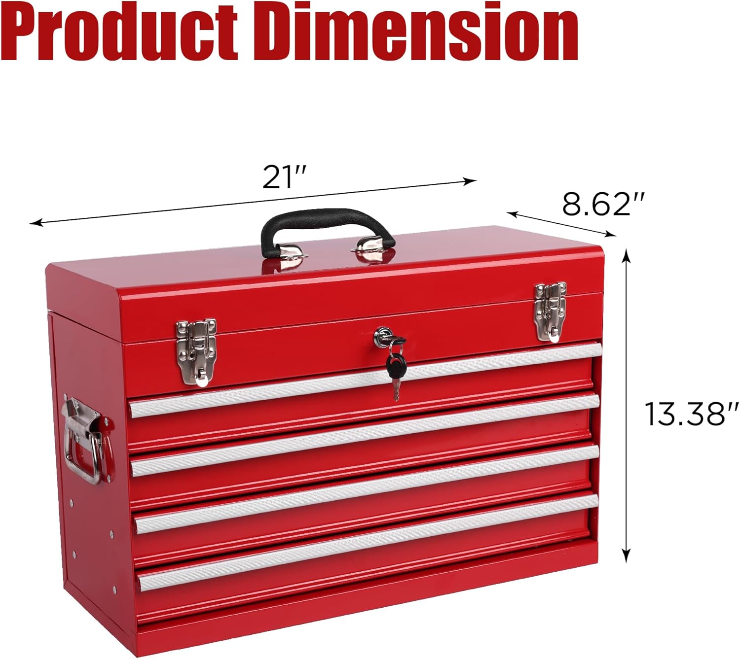 21-inch Portable Metal Tool Box with 4 Drawers, Steel Toolbox with Locking Lid, EVA-Lined Ball-Bearing Slides & Powder-Coated Finish, Top Tool Chest for Mechanic & Craftsman Use, Red