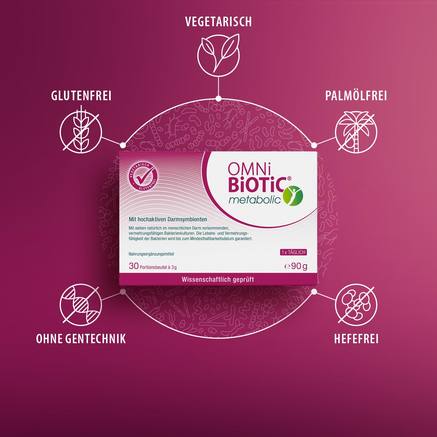 OMNi BiOTiC metabolic, 30 Portionen (90 g), 7 Bakterienstämme, 3 Mrd. Keime pro Tagesdosis, Pulver, Vegetarisch, Glutenfrei, Zur täglichen Anwendung