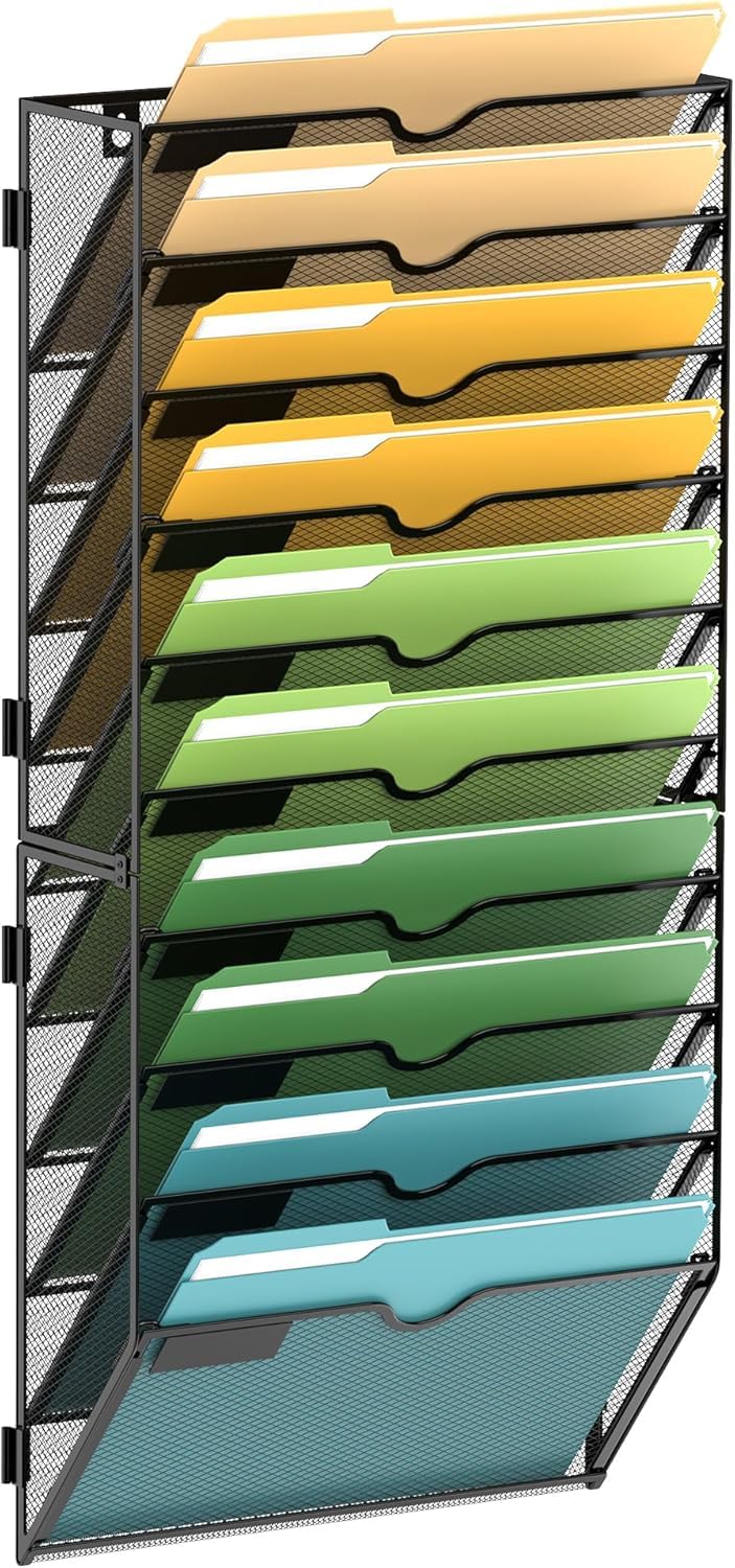 SUPEASY 10-Tier Wand Datei Organizer, Montage erforderlich, Hängende Zeitungshalter für Papier, Ordner, Zeitschriften, Wand Organizer für Zwischenablage, Schwarz