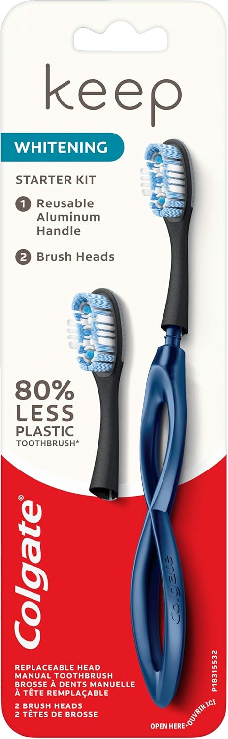 Colgate Keep Soft Manual Toothbrush for Adults with 2 Whitening Brush Heads, Navy