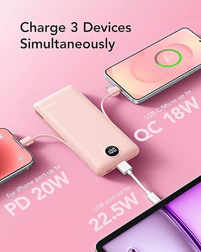 Miniatura 6 de VRURC Cargador portátil con enchufe de pared, cargador portátil de 10000 mAh con cables integrados, cargador portátil PD de 20 W de carga rápida con