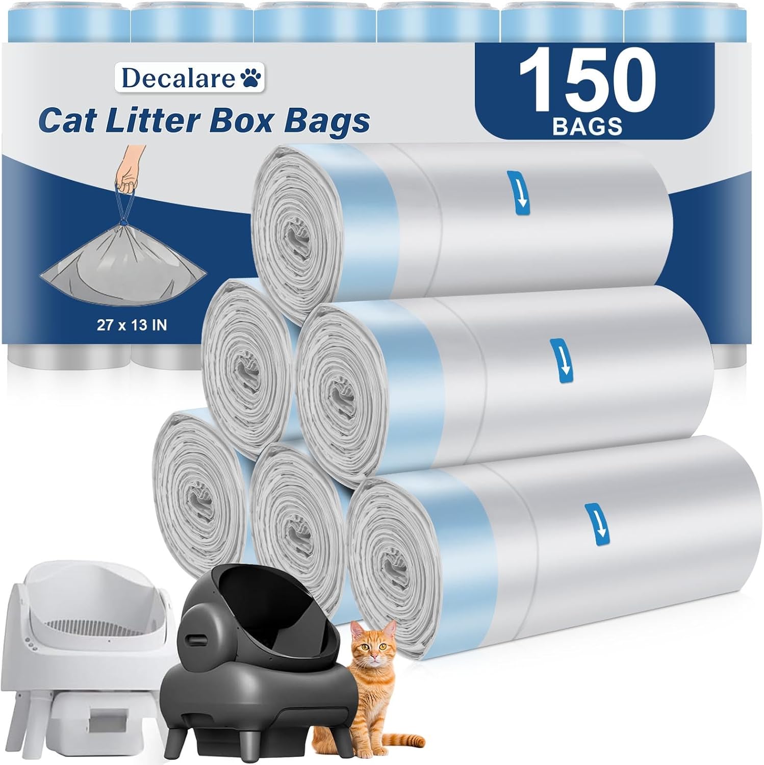 150 Count Cat Litter Box Bags Compatible with Petpi Autoscoper 11 & NeakM1 Open-Top Self-Cleaning Cat Litter Boxes, Leak-Proof Drawstring Heavy Duty Cat Litter Bags, 27" x 13"