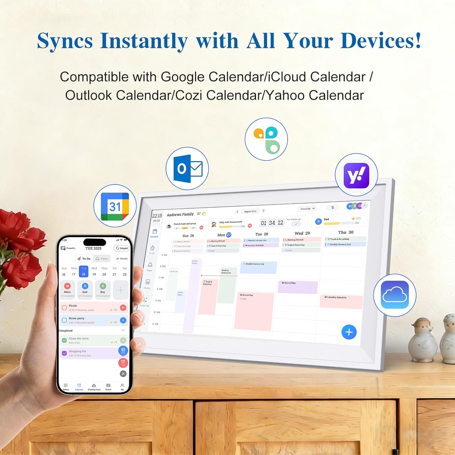 Ascrecem Digital Calendar 15.6 inch Smart Electronic Calendar for Family Chore Chart Cooking Plan HD Touchscreen with Digital Picture Frame Function Instantly Share Photos and Videos