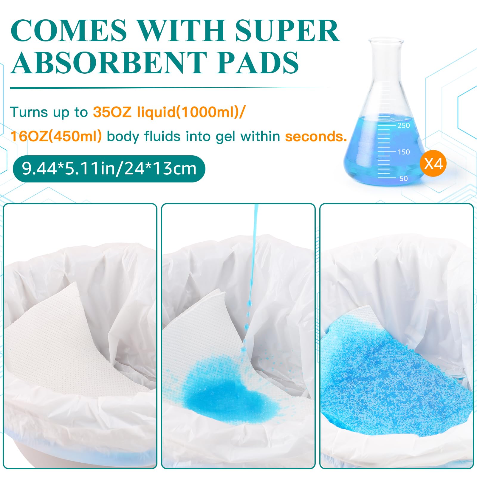 Bolsas de inodoro con almohadillas absorbentes para tocador de noche, 50 bolsas de inodoro + 50 almohadillas de inodoro, bolsas de inodoro portátiles desechables a prueba de fugas para cubo de tocador