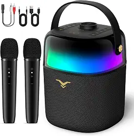 Caixa de som Bluetooth, caxinha de som portátil 80 W com imersivo graves/agudos, máquina karaoke com dois microfones sem fio, iluminação LED de 360° para casa, ambientes externos, festa, com rádio FM