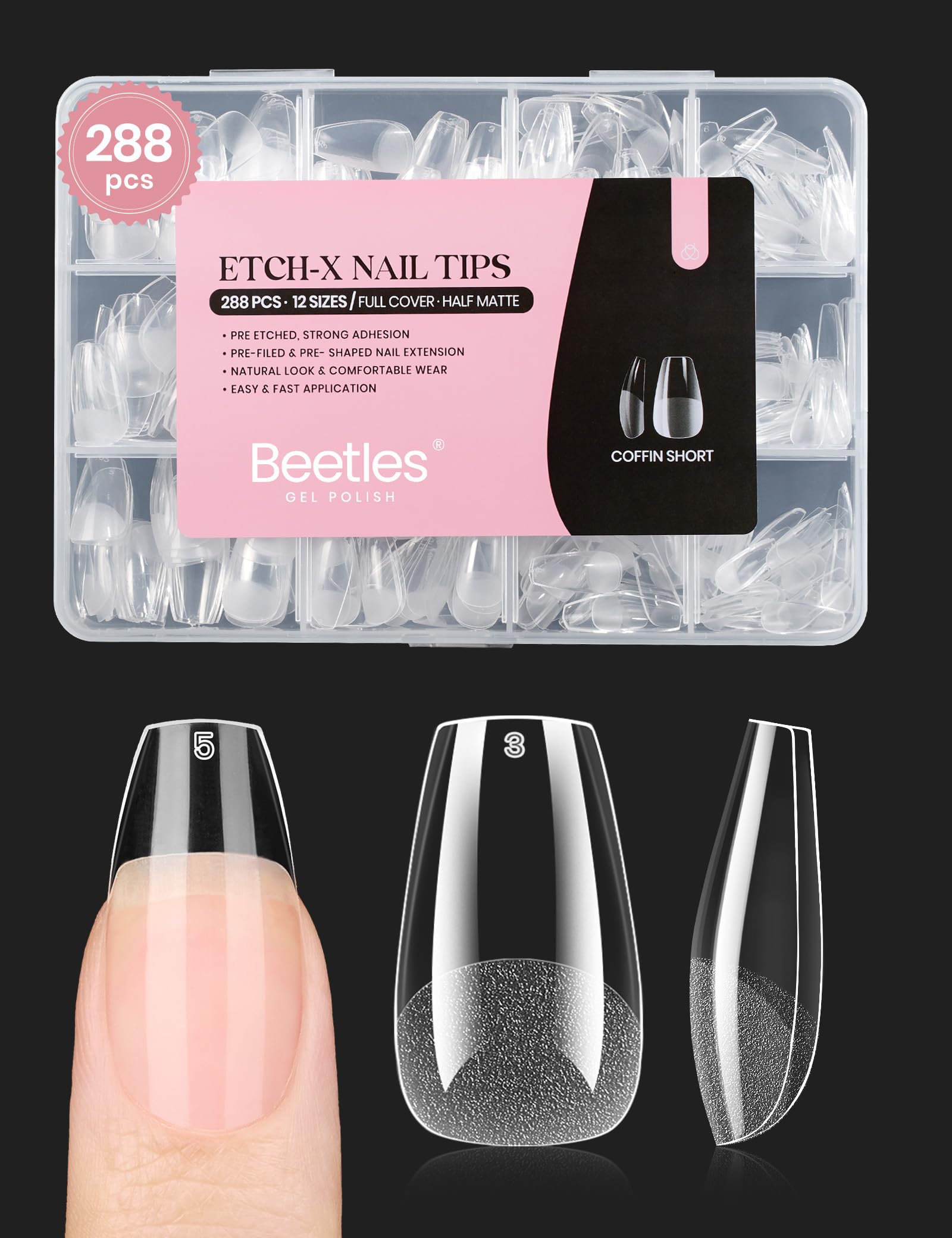 Beetles Gel Nail Tips Short Coffin Pre-Etched Nail Tips, 12 Sizes 288 Pcs Full Cover Soft Tips Half Matte False Nails Clear Acrylic Press on Nails