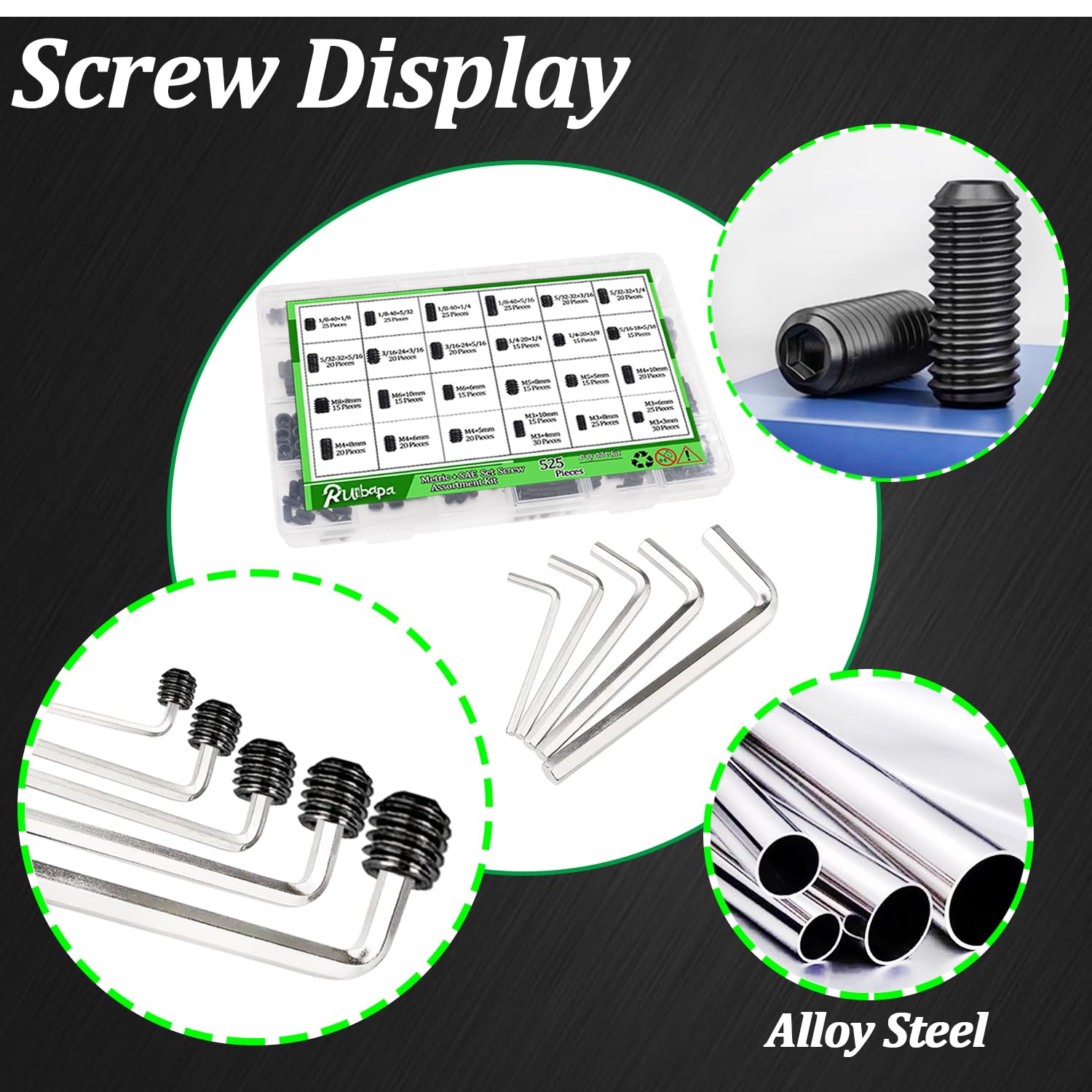Set Screws Assortment Kit 535-PC Metric & SAE Set Screw Assortment Kit ...