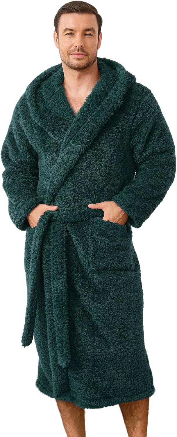 U2SKIIN Men Plush Fleece Hooded Robe, Soft Warm Long Bathrobe with Pockets, Cozy Shower Robe for Men Loungewear