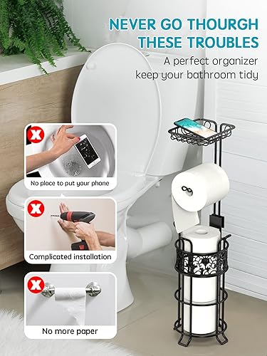 Miniatura 3 de Soporte de papel higiénico con estante, dispensador de rollos de papel higiénico independiente con capacidad para 3 rollos grandes de papel Mega