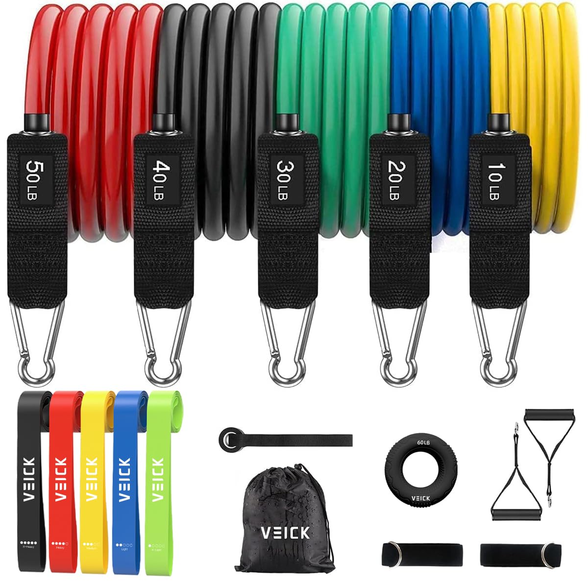 VEICK - Bandes de résistance d’entraînement, avec poignées, pour homme et femme, bandes d'exercice élastiques pour fitness, exercices à la maison, salle de sport