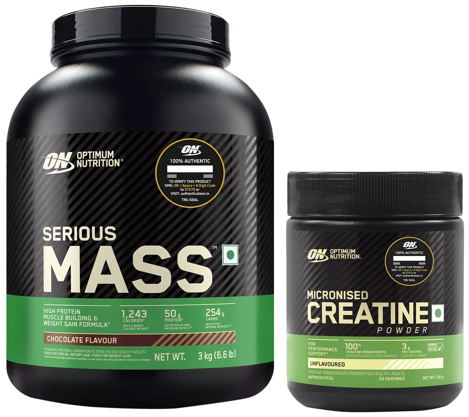 OPTIMUM NUTRITION (ON) Serious Mass High Protein High Calorie Weight Gainer Powder - 3 kg (Chocolate) & (ON) Micronized Creatine Powder - 100 Gram, Unflavored., 2 count, 33 servings-image-18
