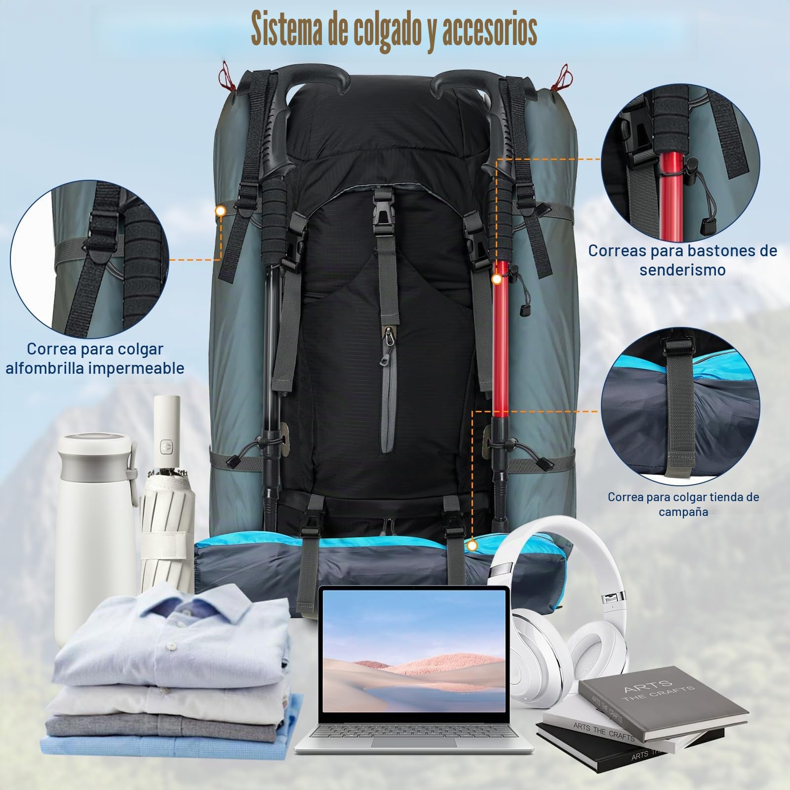 Cozary Mochila Trekking 70L Impermeable Antidesgarro con Cubrelluvia, Sistema Transpirable para Senderismo Camping Montañismo
