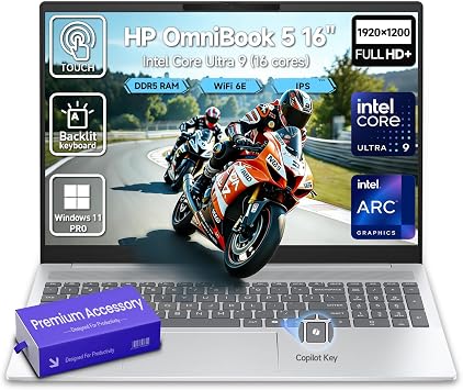 2026 HP OmniBook 5 16 Inch Laptop Touchscreen Computer, 16" IPS 2K Touch Screen Business Laptop AI PC, 15th Gen Intel Core Ultra 9 16-Cores, 32GB DDR5 RAM 512GB SSD|Windows 11 Pro|Backlit Keyboard