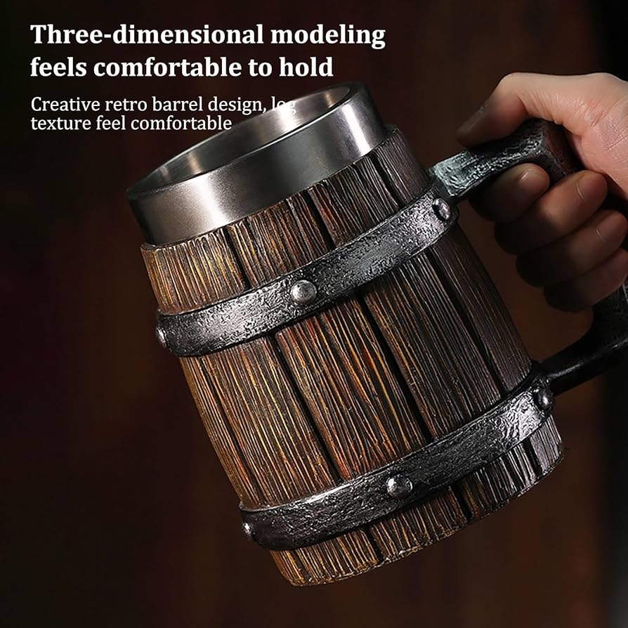 Amazon.co.jp: 模造木樽ステンレスビールジョッキ,ハンドル付き