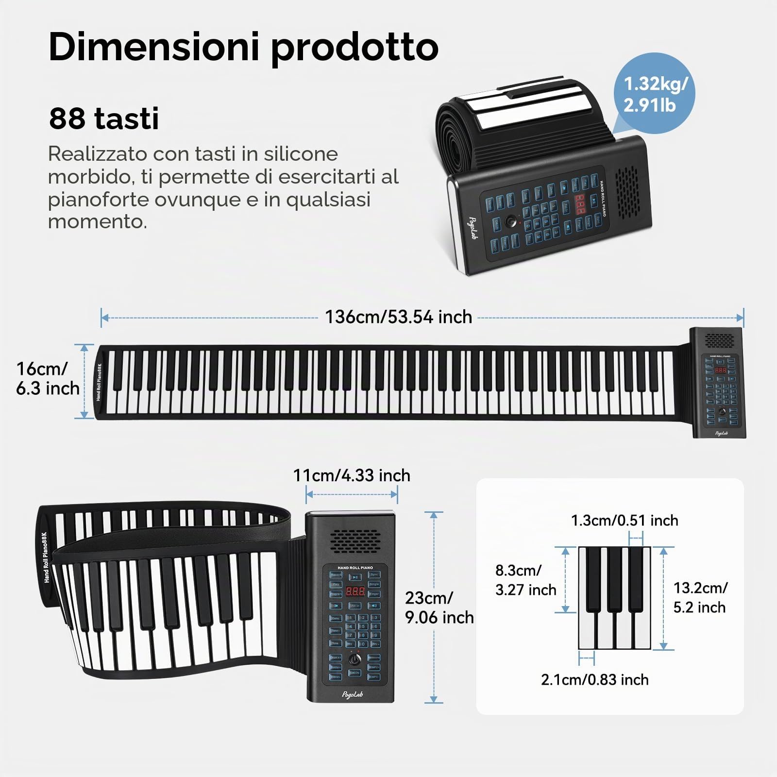 Pianoforte a tastiera arrotolabile POGOLAB a 88 tasti, pianoforte arrotolabile ricaricabile con 20 demo/128 toni/128 ritmi/jack per cuffie/Bluetooth/batteria, pianoforte a mano pieghevole da viaggio
