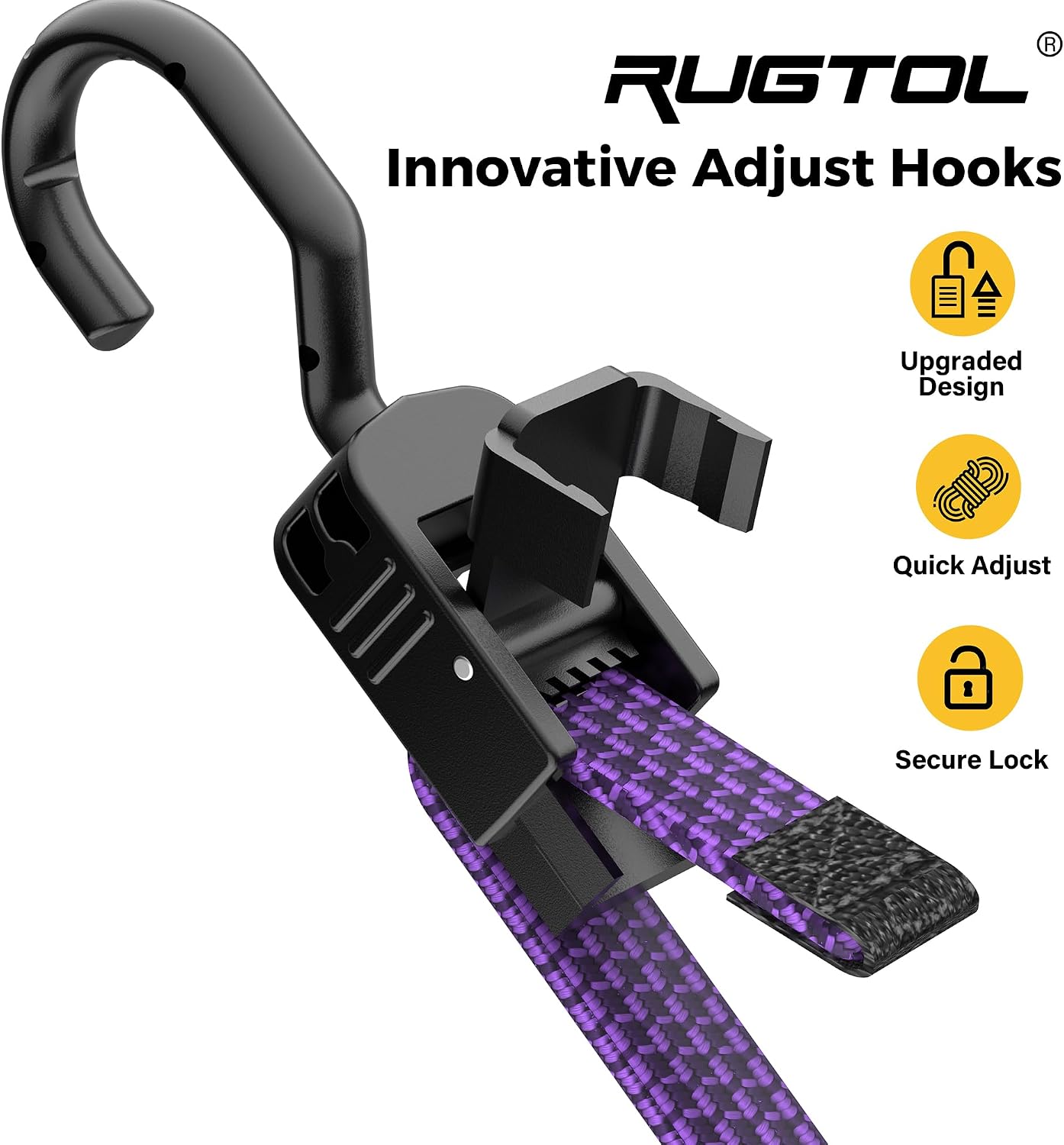 Rugtol Bungee Cords with Hooks, 48 Inch Adjustable Flat Bungee Straps with Quick Release Buckle, Black Purple Heavy Duty Elastic Cords with Metal Hooks for Bike Rack, Camping, Outdoor, Tarp, 6 Pack