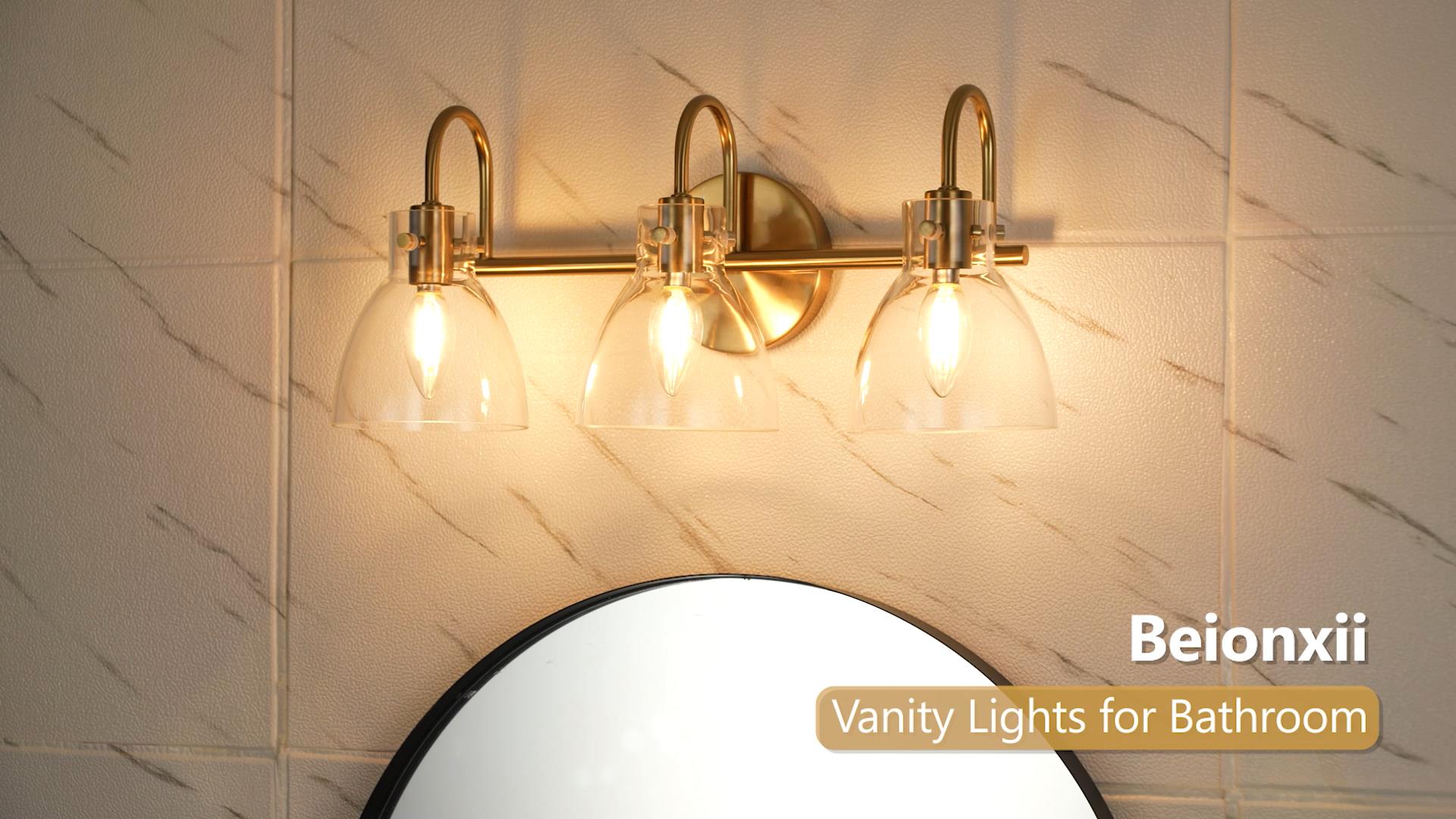 Image of Beionxii Brushed Nickel Bathroom Light Fixtures, 3-Light Bathroom Light Fixtures Over Mirror, Bathroom Vanity Light with Clear Glass Shade, Modern Vanity Lighting for LivingRoom Hallway, BX-VL02BN-3CG