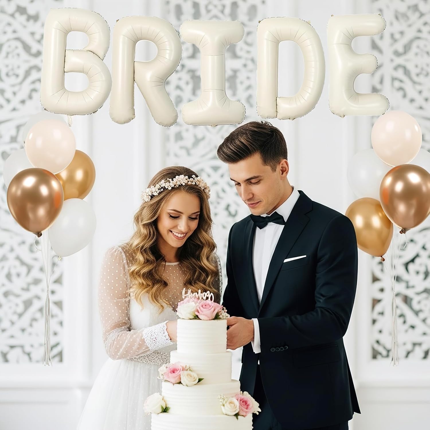 40 Inch BRIDE Balloons Pearl White Sand White and Champagne Gold Balloons With Huge Beige Cream BRIDE Balloon Letter For Bachelorette Barty Engagement Wedding Bridal Shower decorations