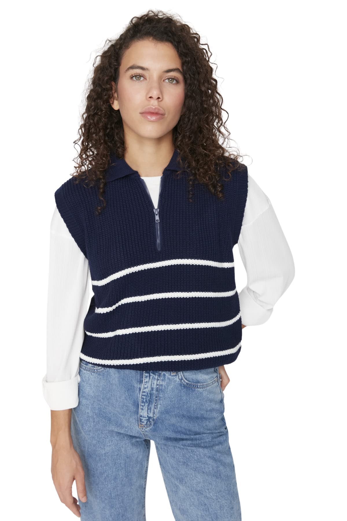 Trendyol Striped Zip Detailed Knitwear Sweater Navy Blue