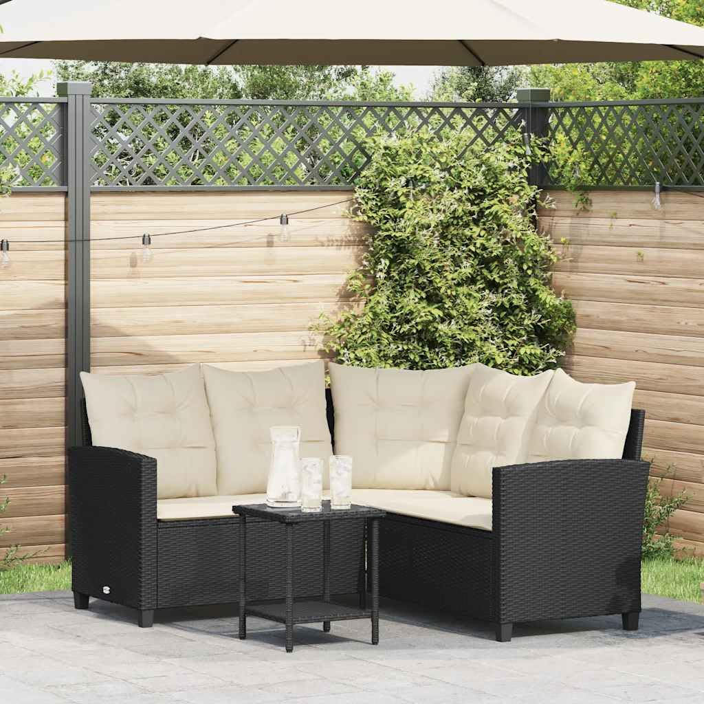 vidaXL Canapé de Jardin en L avec Table et Coussins Noir résine tressée