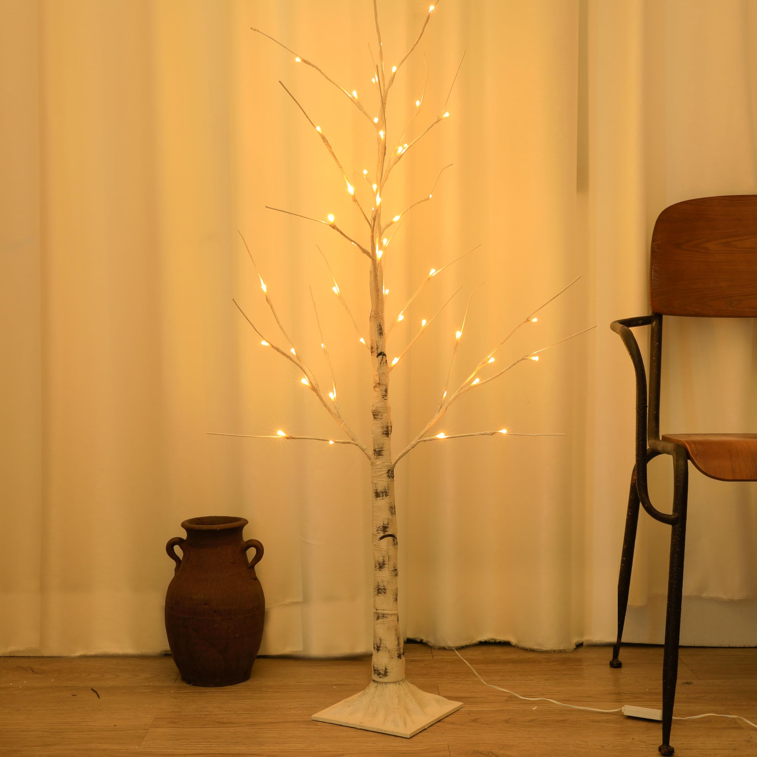 Snokip 4Ft 48 LED Lighted Birch Tree, Warm White