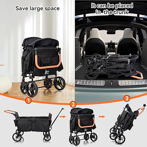 Miniatura 7 de Cochecito para 4 niños sentados en tándem plegable carrito de viaje ligero con arnés de 5 puntos, mango ajustable y dosel, mosquitera, huecos,