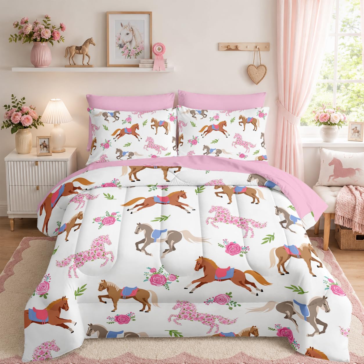 HOSIMA Juego de edredón de 7 piezas con sábanas de princesa, juego de ropa de cama de caballo rosa Kawaii para decoración estética de habitación para niñas y adolescentes, cama colorida en una bolsa