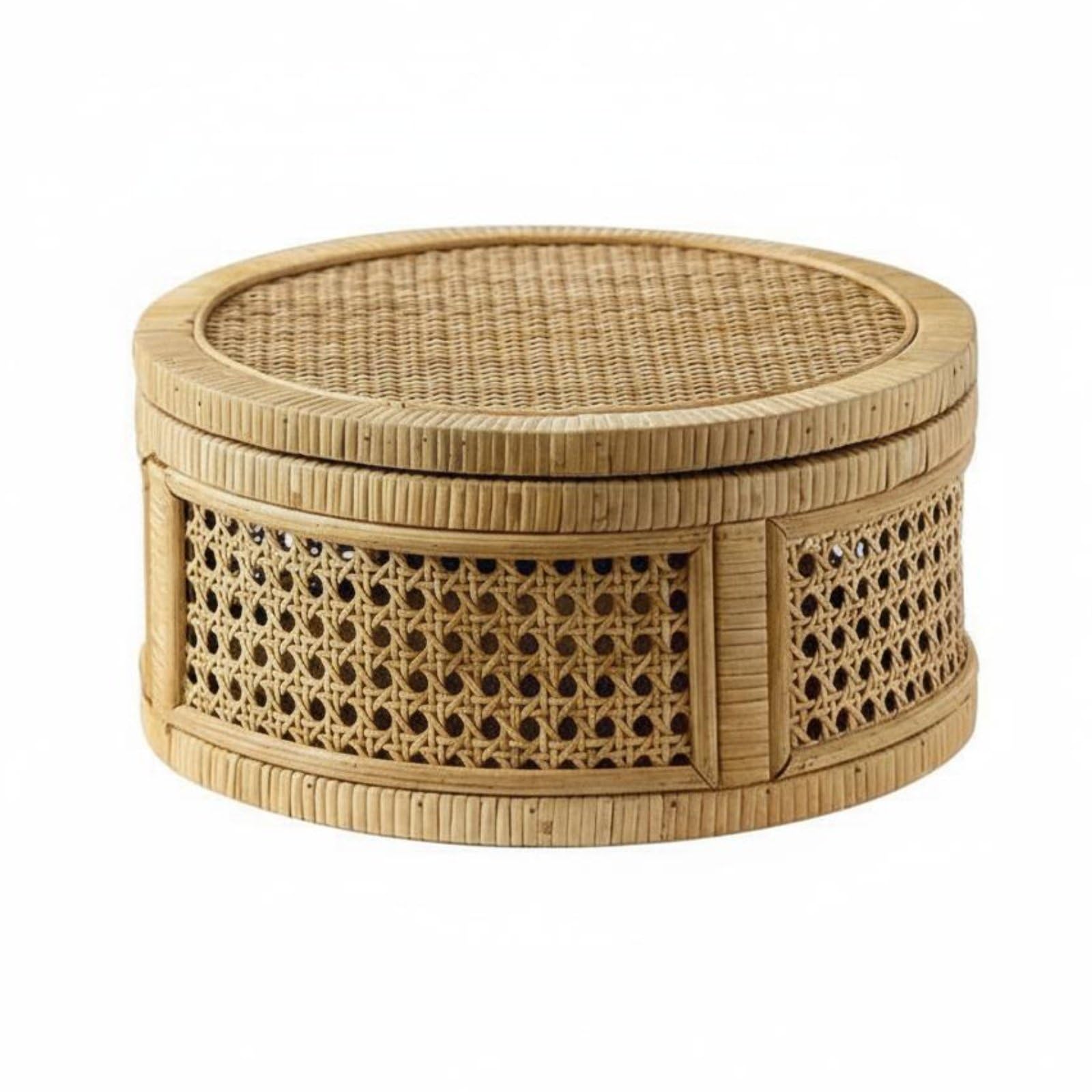Cestino Portatutto Cestino Intrecciato Scatola Rotonda Scatola con Coperchio Organizer per Ordine Domestico Traspirante Artigianale in Rattan, L