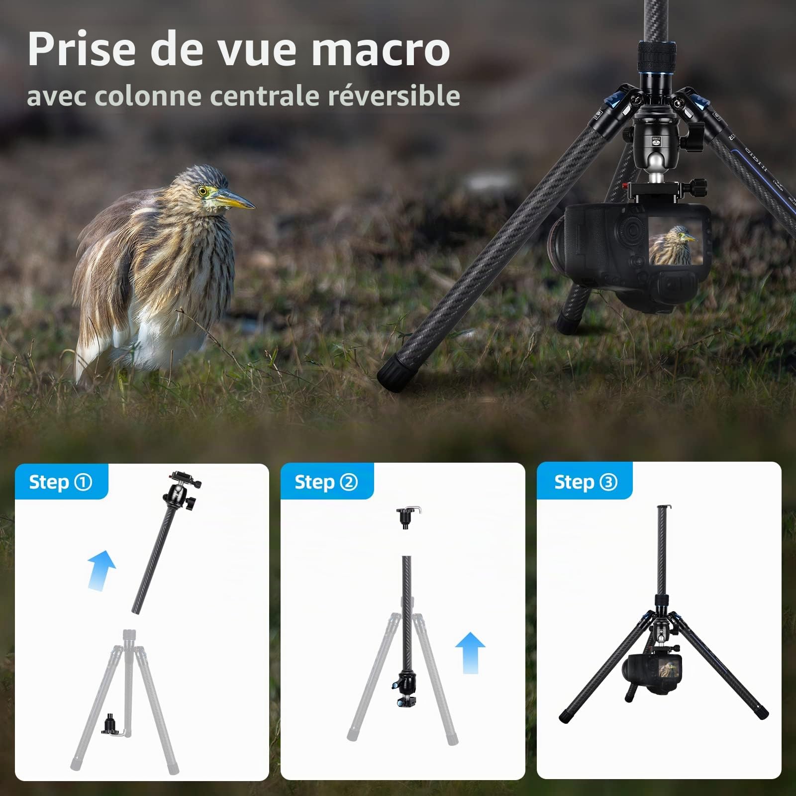 SIRUI Trépied en Fibre de Carbone avec Rotule Panoramique B-00K, 59.8'' Trépied de Voyage Compact, Jambes Pliables à l'envers à Déclenchement Rapide, Colonne Centrale Réversible, Charge Max 22lbs.