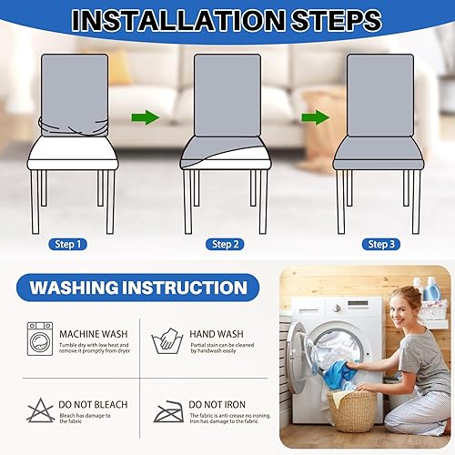 Miniatura 9 de Dioxide Juego de 6 fundas impermeables para sillas de comedor, fundas elásticas para sillas de comedor, fundas para sillas Parson, extraíbles y