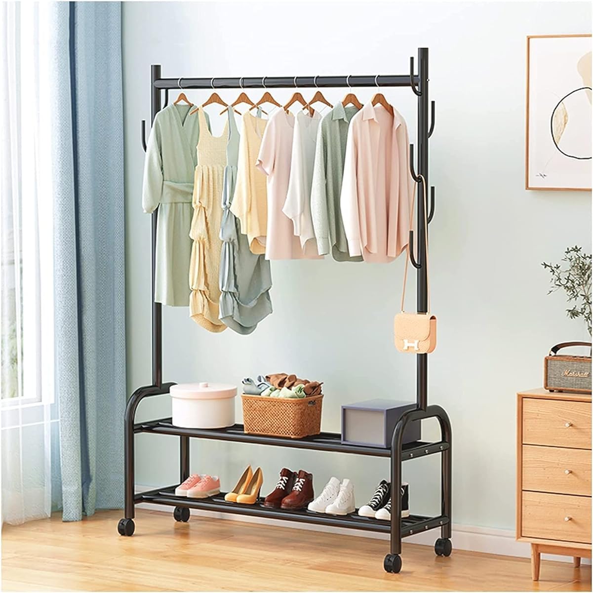 MYUYEE Gold Clothes Rack, Coat Rack With Wheels, Coat Rack With Clothes Rail And 7 Hooks, For Living Room, Bedroom, Easy Assembly(120Cm Schwarz-Schwarz)
