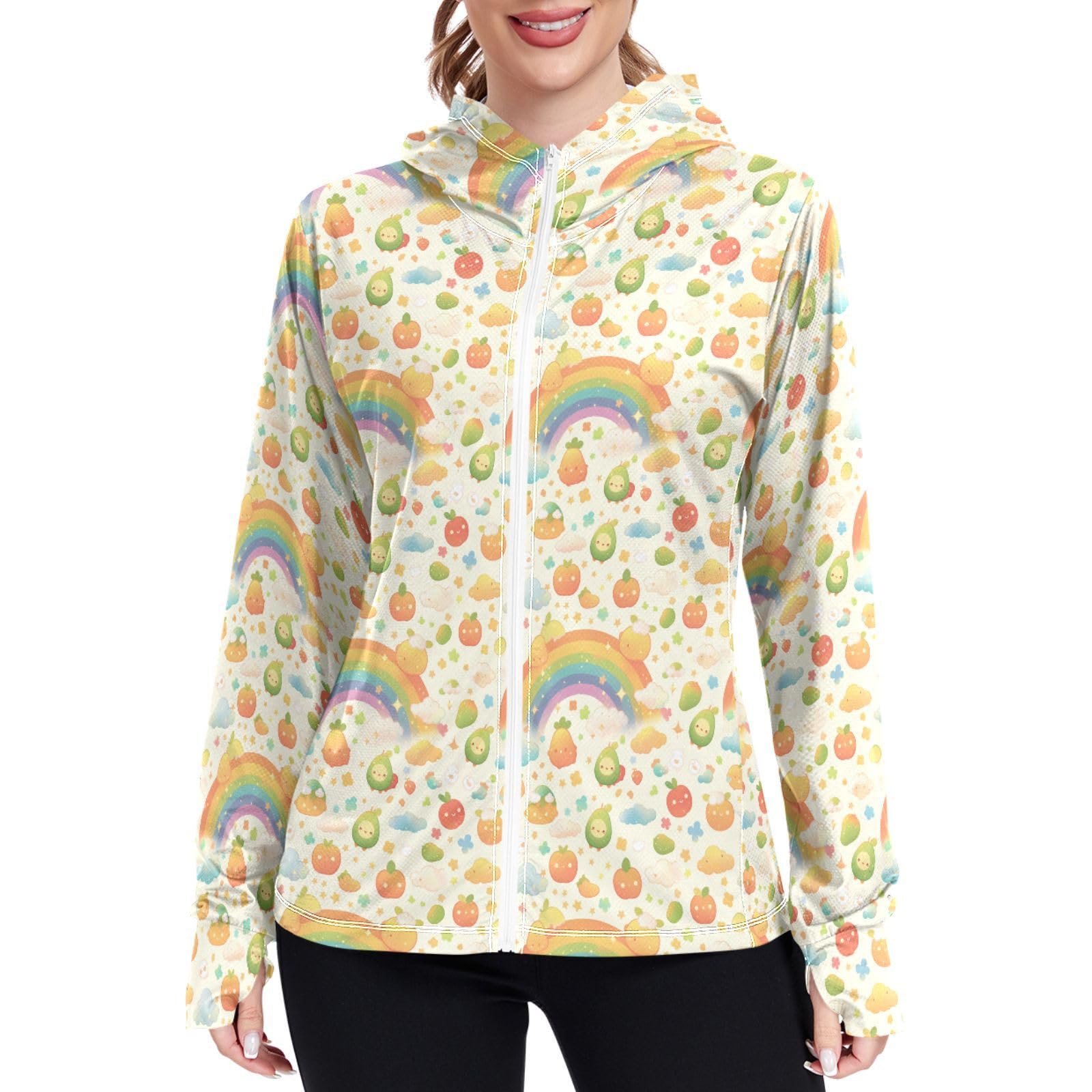Cute Avocados Pattern Women Sun Protection Lightweight Hoodie Jacket Zip Up Jackets for Women UPF 50+ Clothing for Hiking Golf Running L Beige