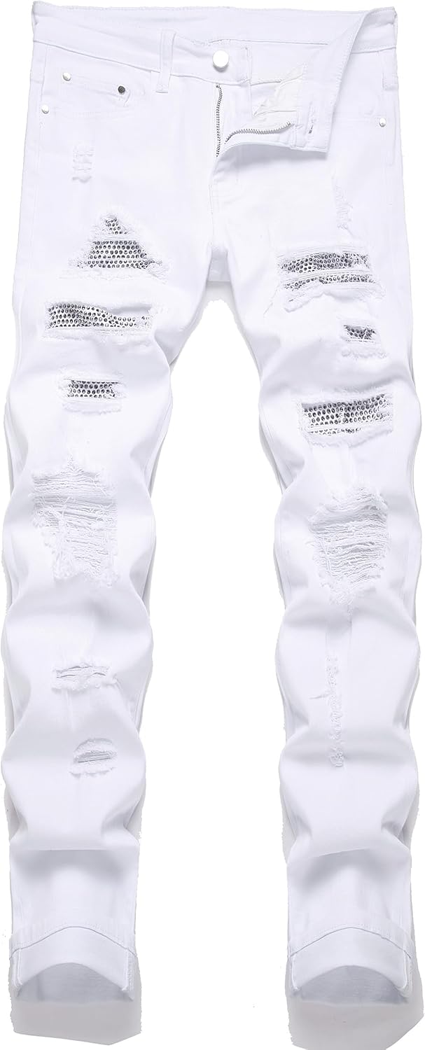 Men's Ripped Patch Elastic Jeans Fashion Slim Fit Regular Denim Pants