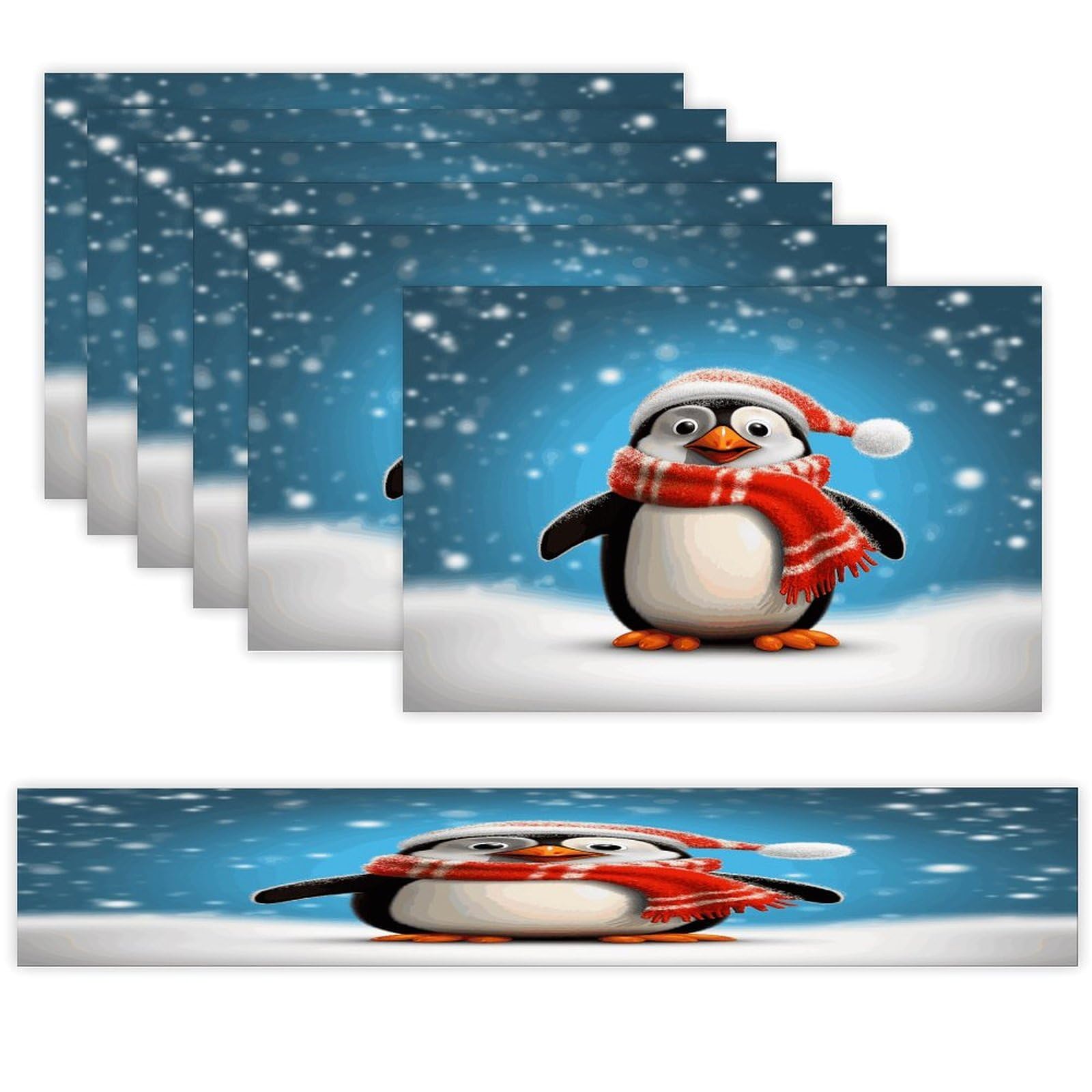 Christmas Funny Penguin Table Runner and Placemats Set of 7 Linen Table Mat Non-Slip Place Mats Washable Placemat Heat Resistant Place Mat with Table Runner for Party Dining Decor