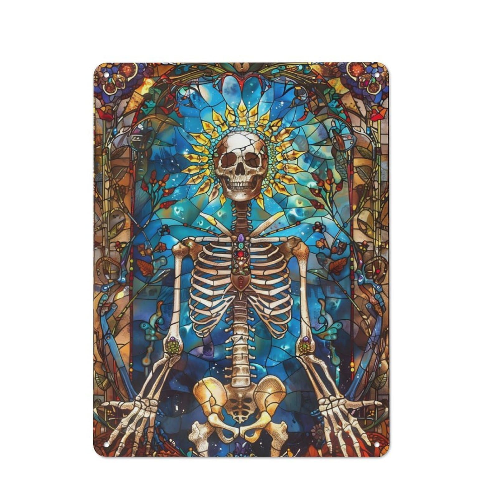 Junmoney Skeleton Stained Glass Metal Plaque 40X30cm With For Garage Wall, Rustic Decor, For Winter Interiors And Metal Sign Collectors