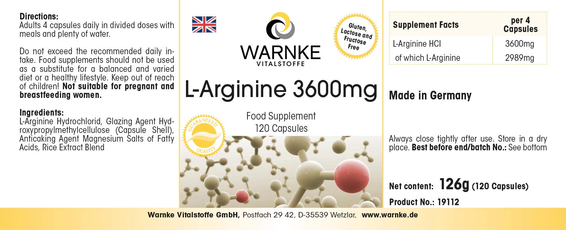 L-Arginine 3600 mg - 120 gélules - vegan | Warnke Vitalstoffe - Qualité des pharmacies allemandes