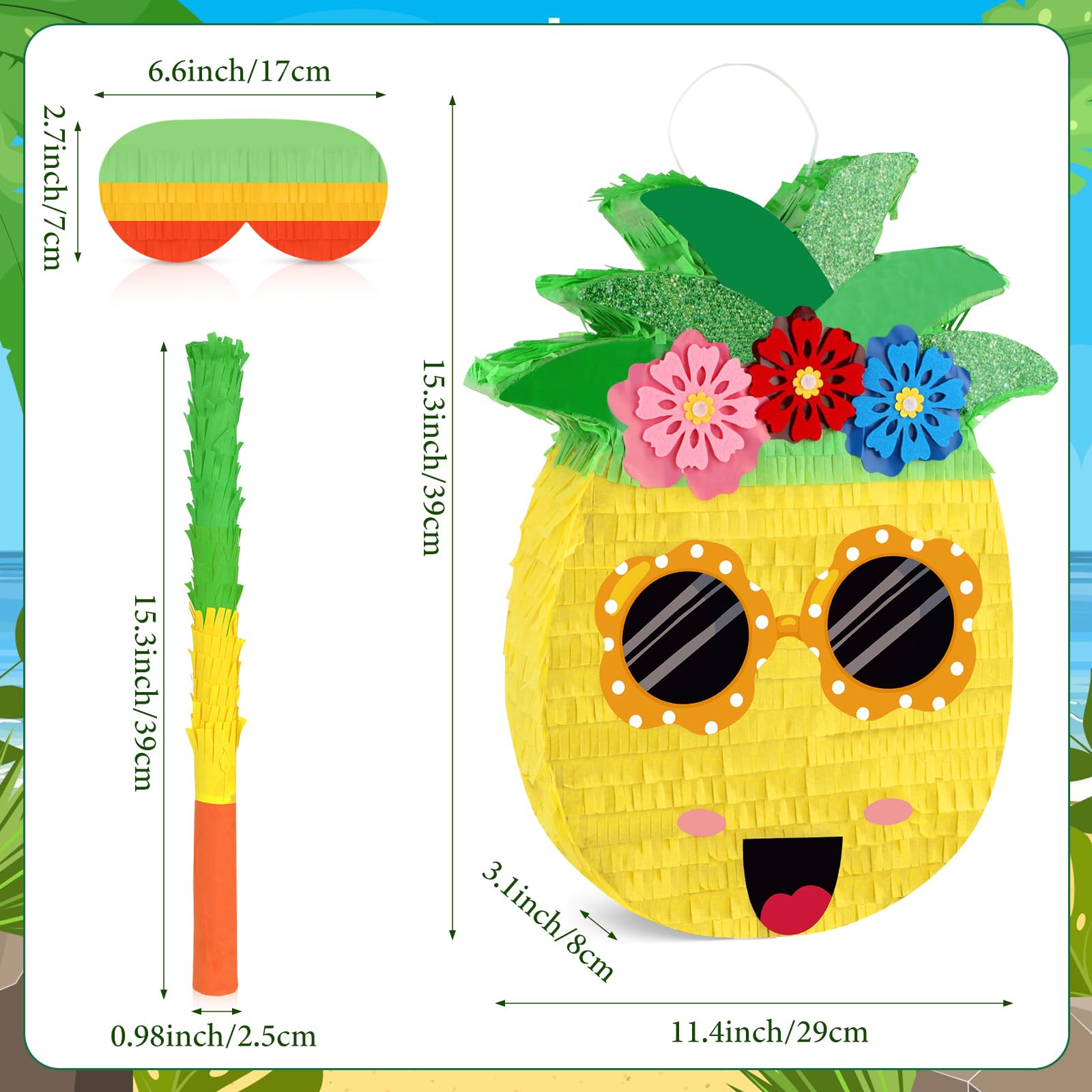 Piñata de piñata de verano con palo y venda para los ojos, piñatas grandes y divertidas, decoraciones de fiesta de frutas, juegos de piña para fiestas hawaianas tropicales luau, suministros