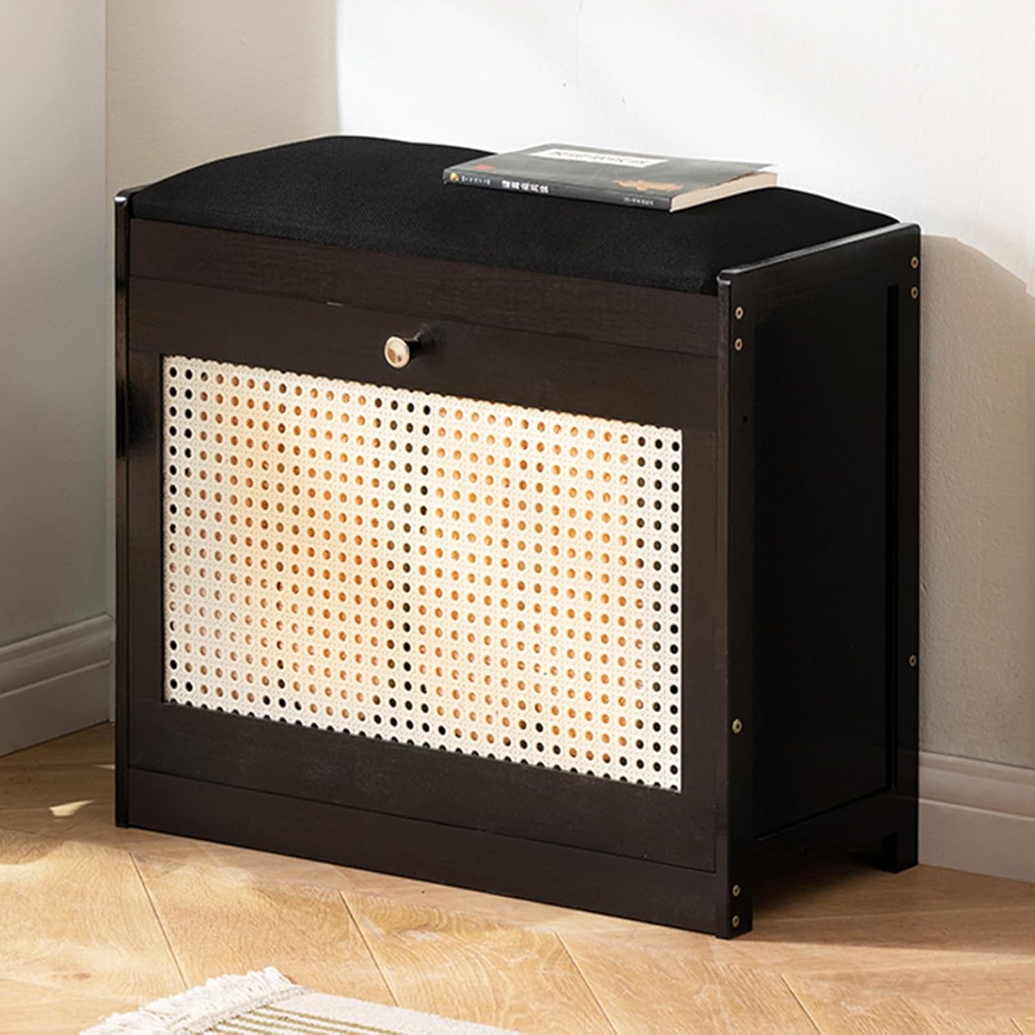 Stylish Black Shoe Bench with Storage, Compact Shoe Rack for Entryway, Bathroom, Living Room, Hallway – 50cm/19.7in Cushioned Seating, Space-Saving Design