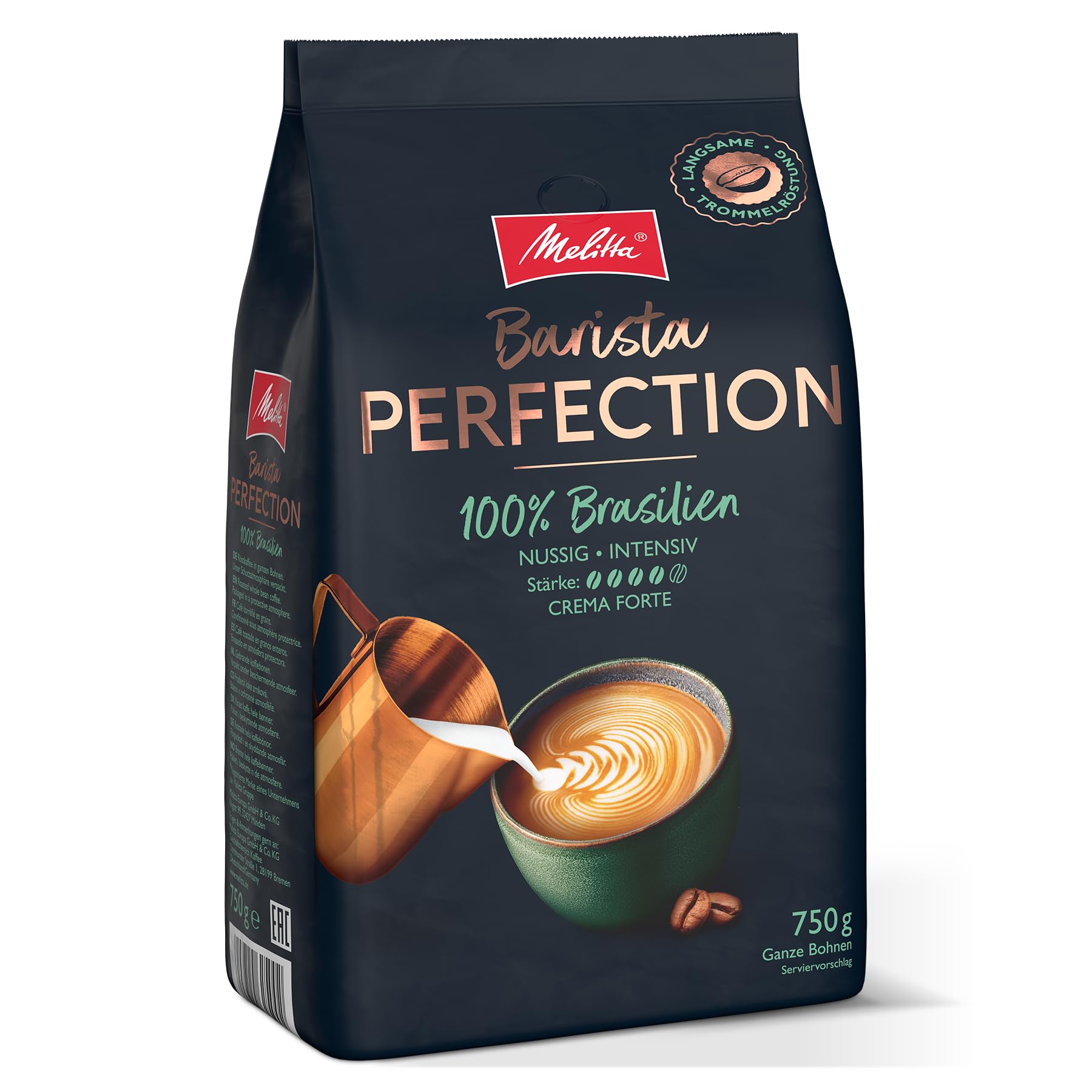 Melitta Barista Perfection 100% Brazylia, Single Origin Crema Forte, całe ziarna kawy, orzechowa, moc 4, 750 g