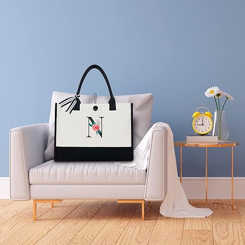 Miniatura 46 de Initial Canvas Tote Bag, Personalized Birthday Gifts for Women Mom Friends Teachers, Monogrammed Tote Bags Suitable for Mother's Day Wedding Beach