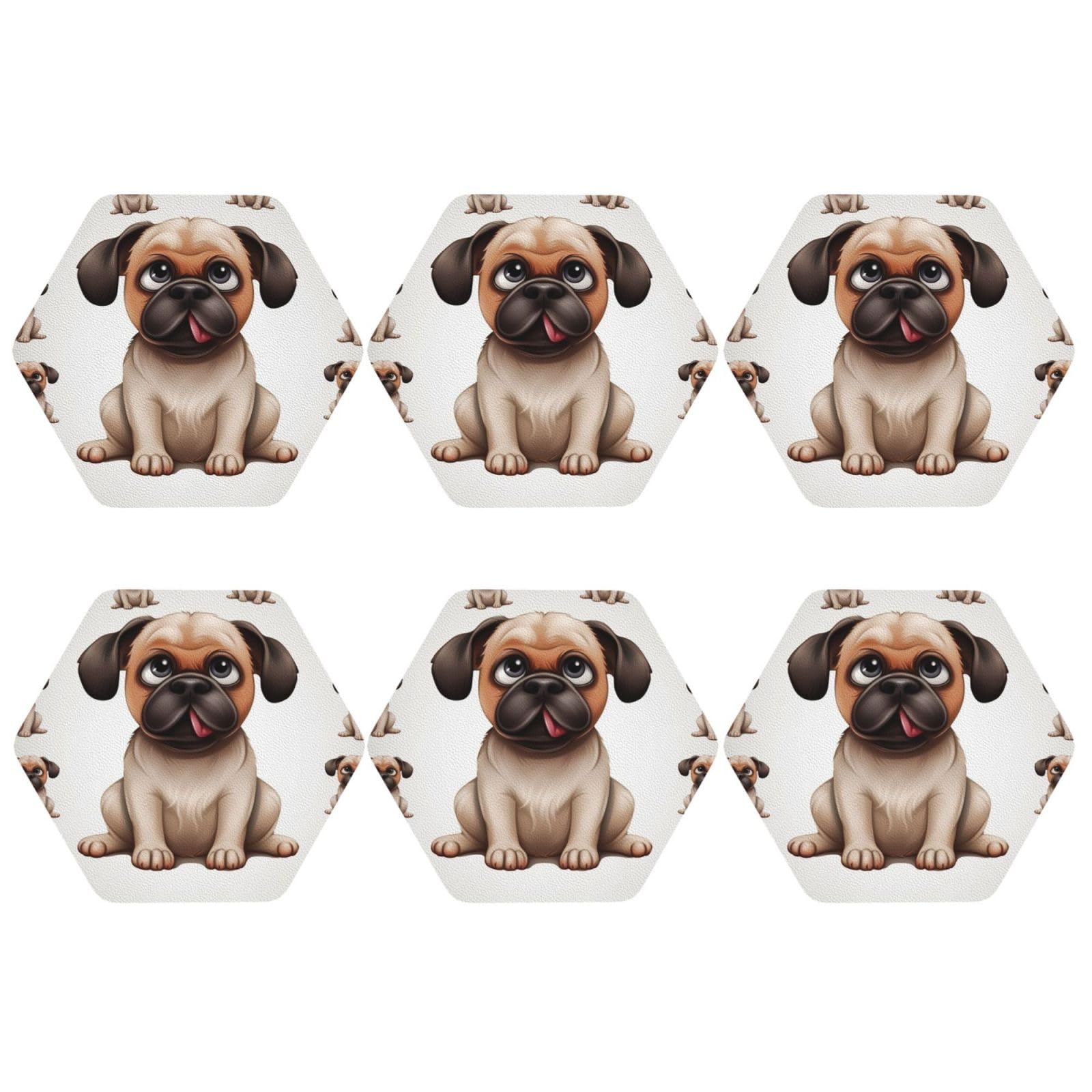 6pcs Leather Coasters for Drinks, Cartoon Pug Drink Coasters for Tabletop Protection, 4" Cup Coasters for Coffee Table Decor, Non-Slip Drinking Cup Mat for Hot Or Cold Drink